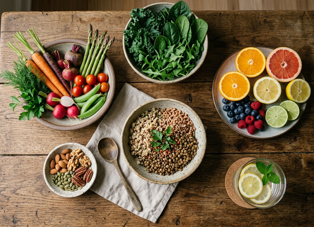 Čerstvé prírodné potraviny plné energie na drevenom stole