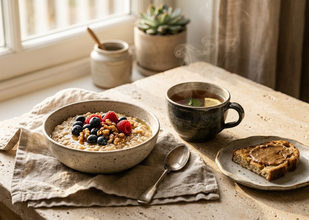 Pokojné ranné raňajky s ovsenou kašou a čerstvým ovocím