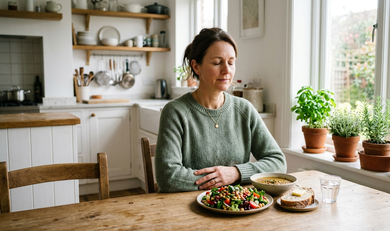 Človek v pokojnej meditácii pred jedlom pri jedálenskom stole